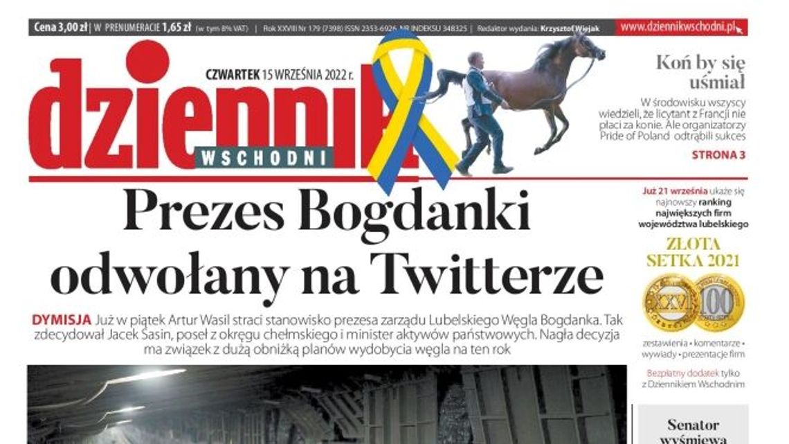 Pierwsza strona Dziennika Wschodniego z 15 września 2022 r.