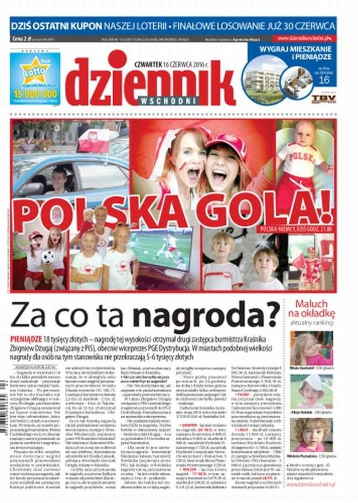 Pierwsza strona Dziennika Wschodniego z 16 czerwca 2016 r.