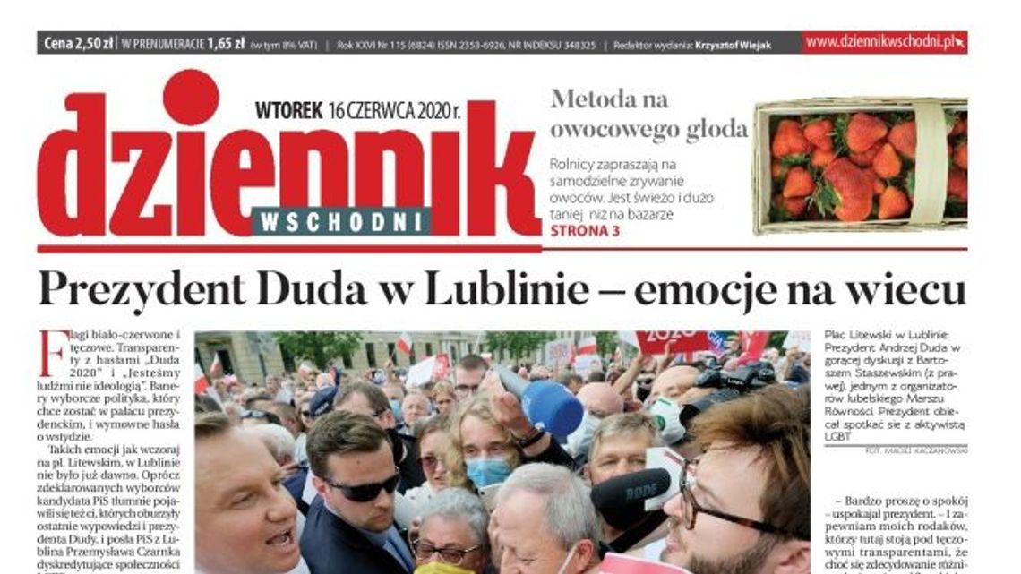 Pierwsza strona Dziennika Wschodniego z 16 czerwca 2020 r.