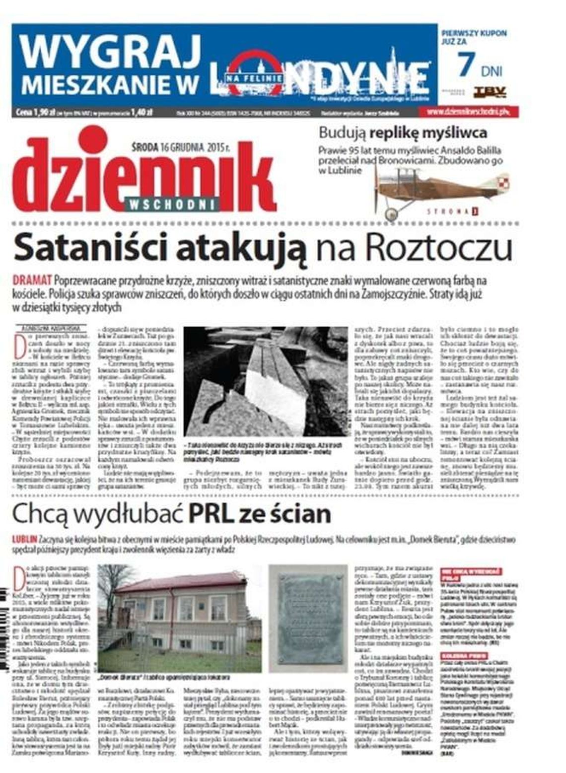 Pierwsza strona Dziennika Wschodniego z 16 grudnia 2015 roku