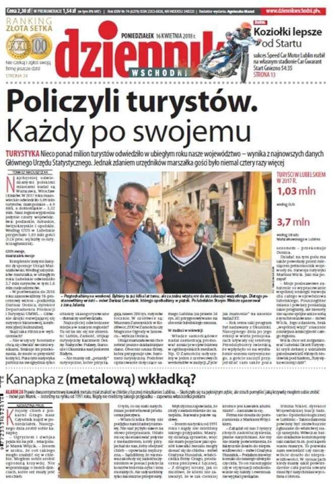 Pierwsza strona Dziennika Wschodniego z 16 kwietnia 2018 roku