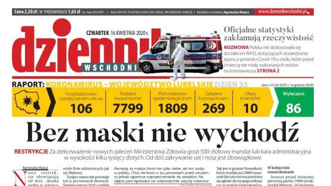 Pierwsza strona Dziennika Wschodniego z 16 kwietnia 2020 r.