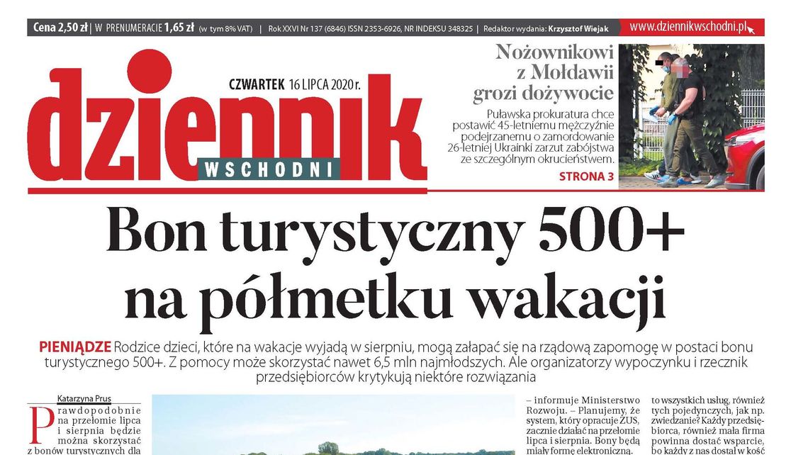 Pierwsza strona Dziennika Wschodniego z 16 lipca 2020 r.