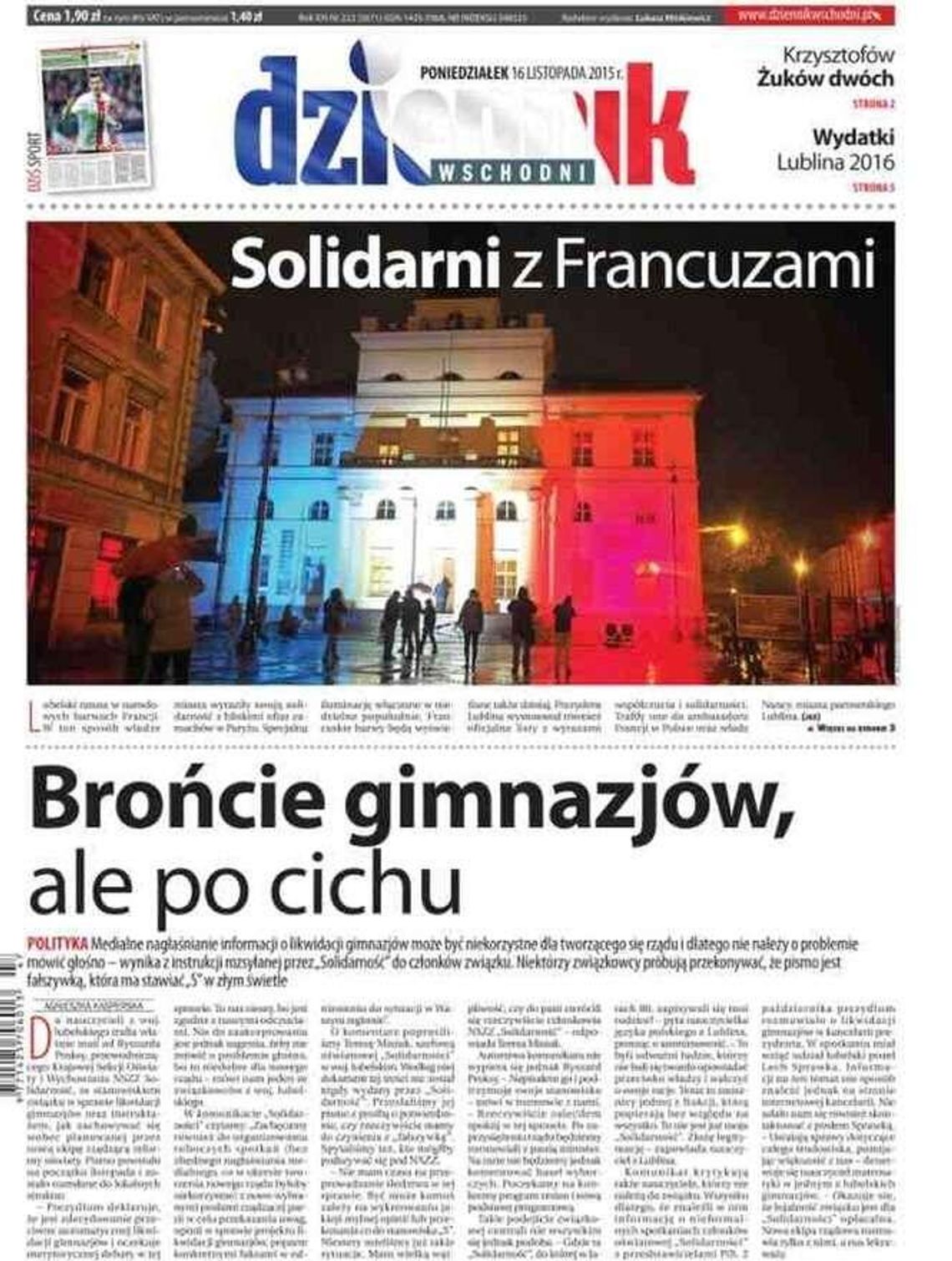 Pierwsza strona Dziennika Wschodniego z 16 listopada 2015