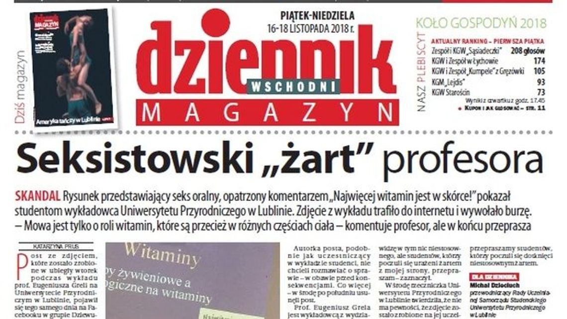 Pierwsza strona Dziennika Wschodniego z 16 listopada 2018 roku