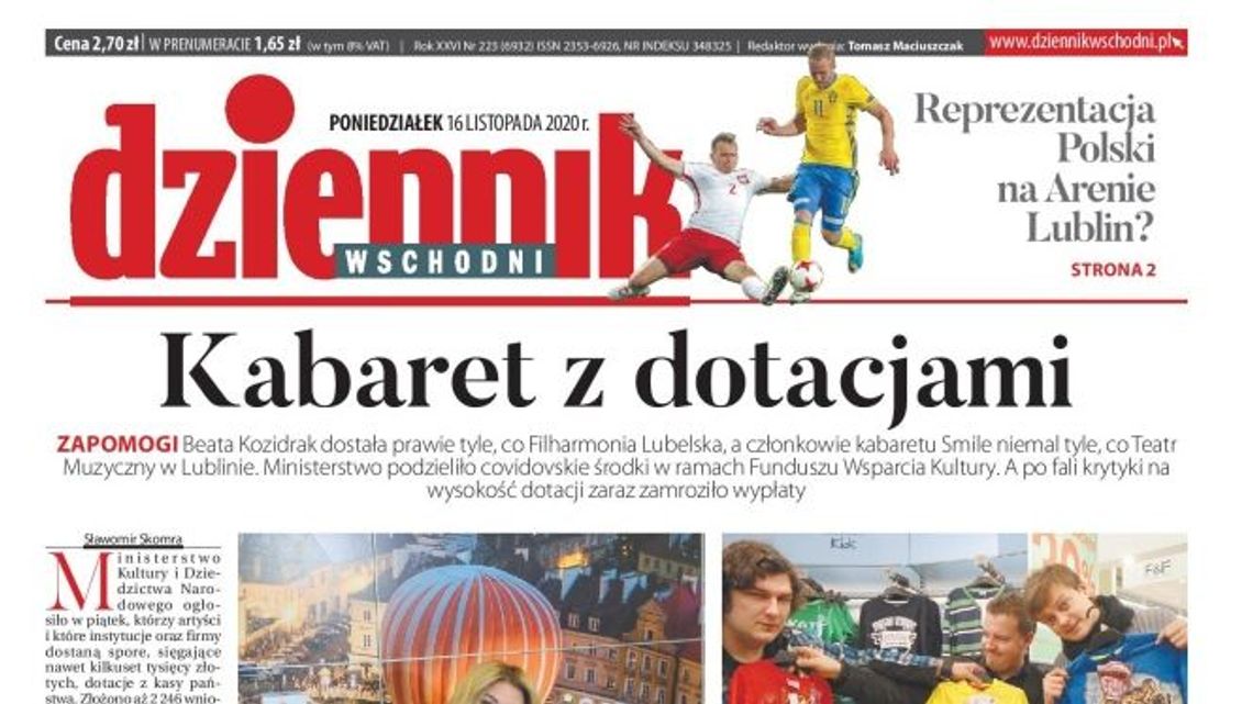 Pierwsza strona Dziennika Wschodniego z 16 listopada 2020 r.