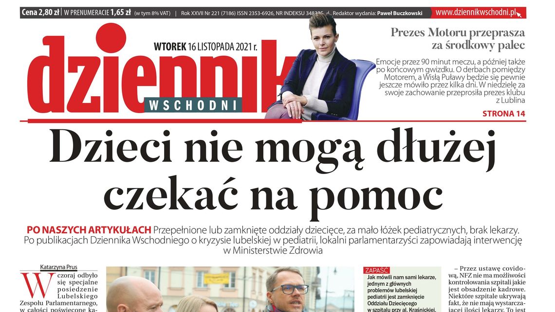 Pierwsza strona Dziennika Wschodniego z 16 listopada 2021 r.
