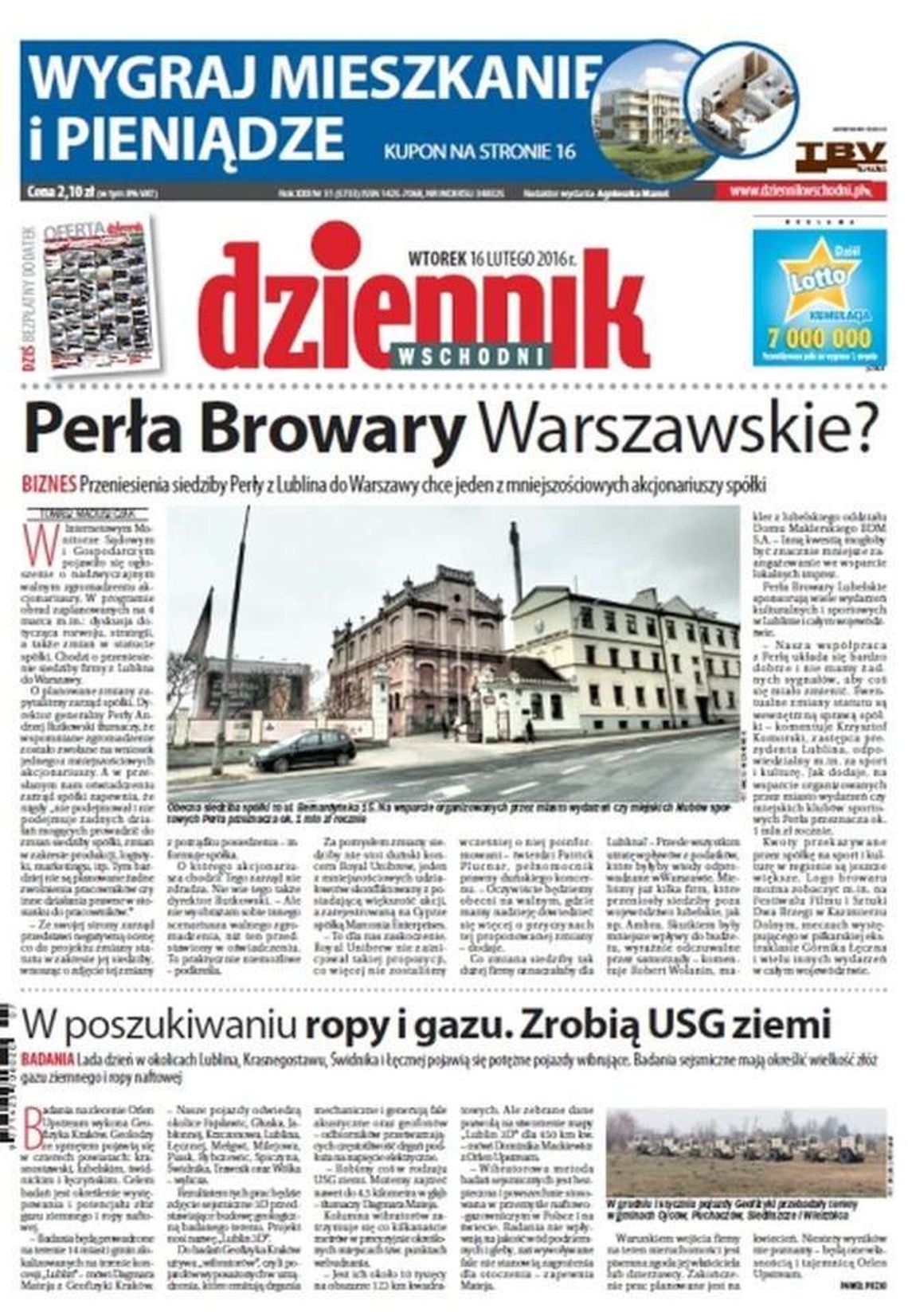 Pierwsza strona Dziennika Wschodniego z 16 lutego 2016 roku