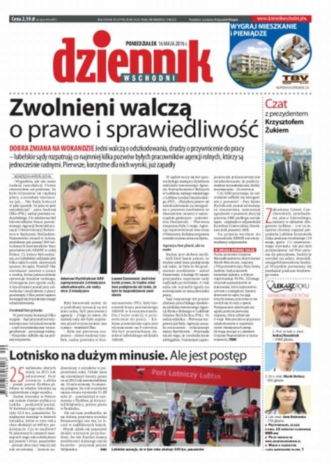 Pierwsza strona Dziennika Wschodniego z 16 maja 2016