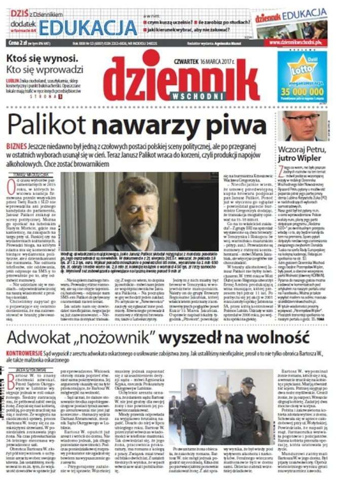 Pierwsza strona Dziennika Wschodniego z 16 marca 2017 roku