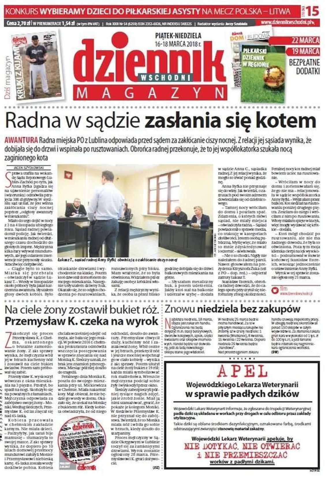 Pierwsza strona Dziennika Wschodniego z 16 marca 2018 roku