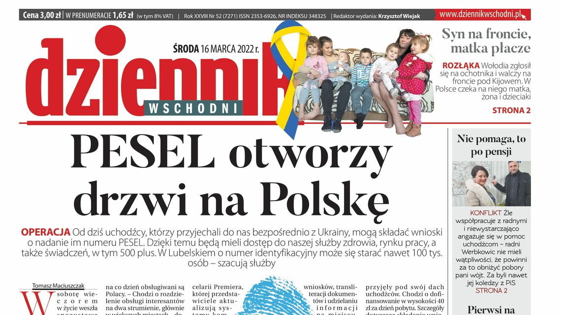 Pierwsza strona Dziennika Wschodniego z 16 marca 2022 roku