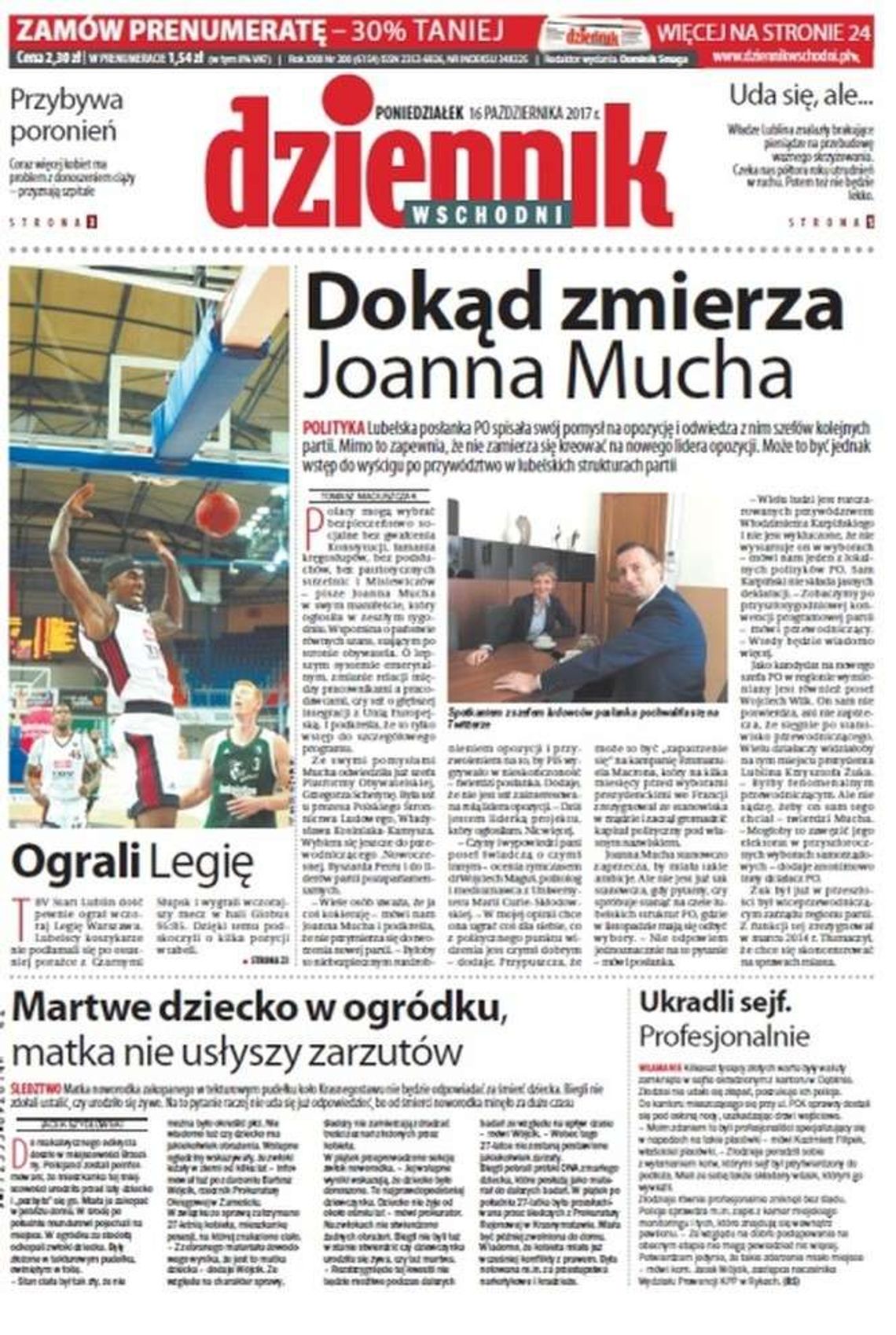 Pierwsza strona Dziennika Wschodniego z 16 października 2017 roku