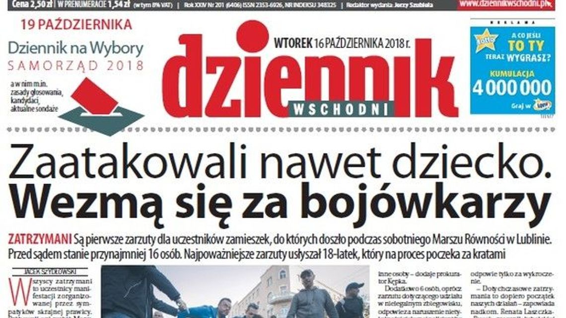 Pierwsza strona Dziennika Wschodniego z 16 października 2018 roku