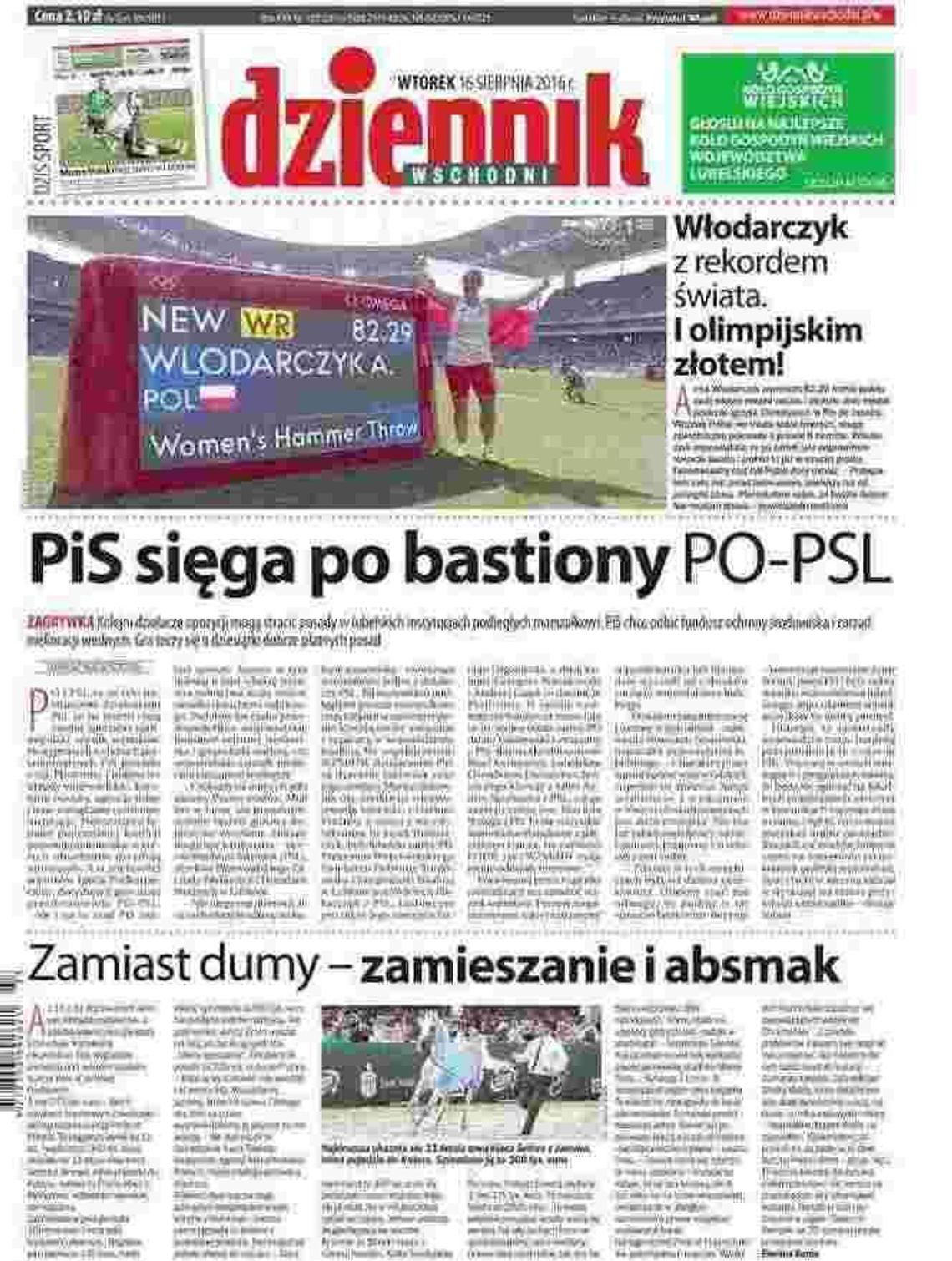 Pierwsza strona Dziennika Wschodniego z 16 sierpnia 2016