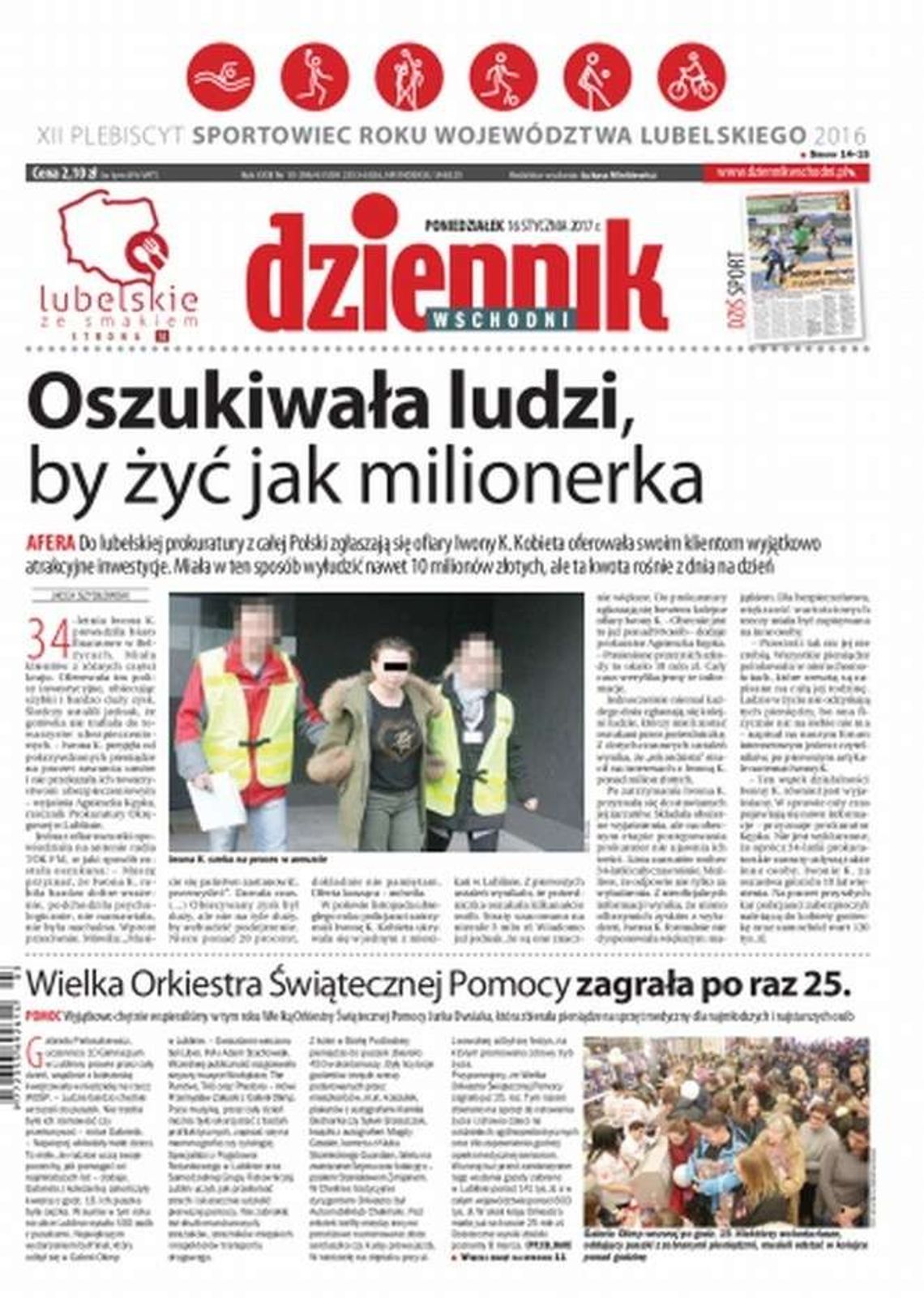 Pierwsza strona Dziennika Wschodniego z 16 stycznia 2017 r.