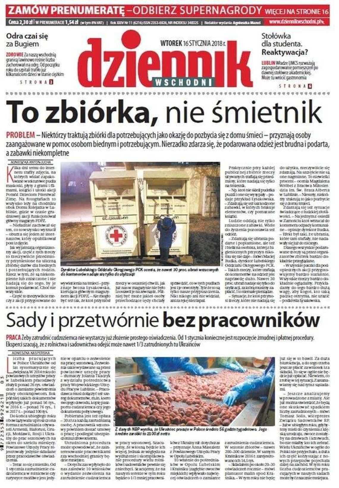 Pierwsza strona Dziennika Wschodniego z 16 stycznia 2018 roku