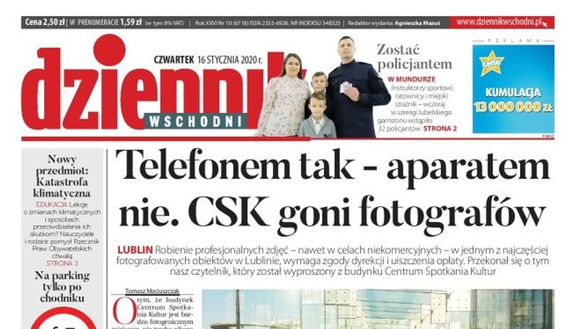 Pierwsza strona Dziennika Wschodniego z 16 stycznia 2020 r.