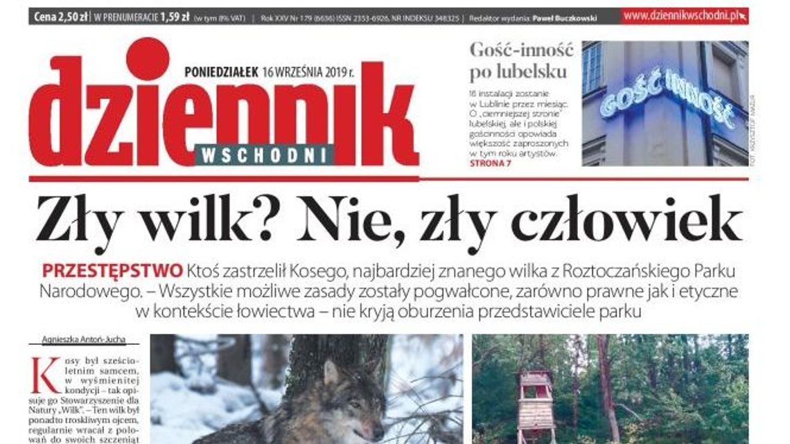 Pierwsza strona Dziennika Wschodniego z 16 września 2019 r.