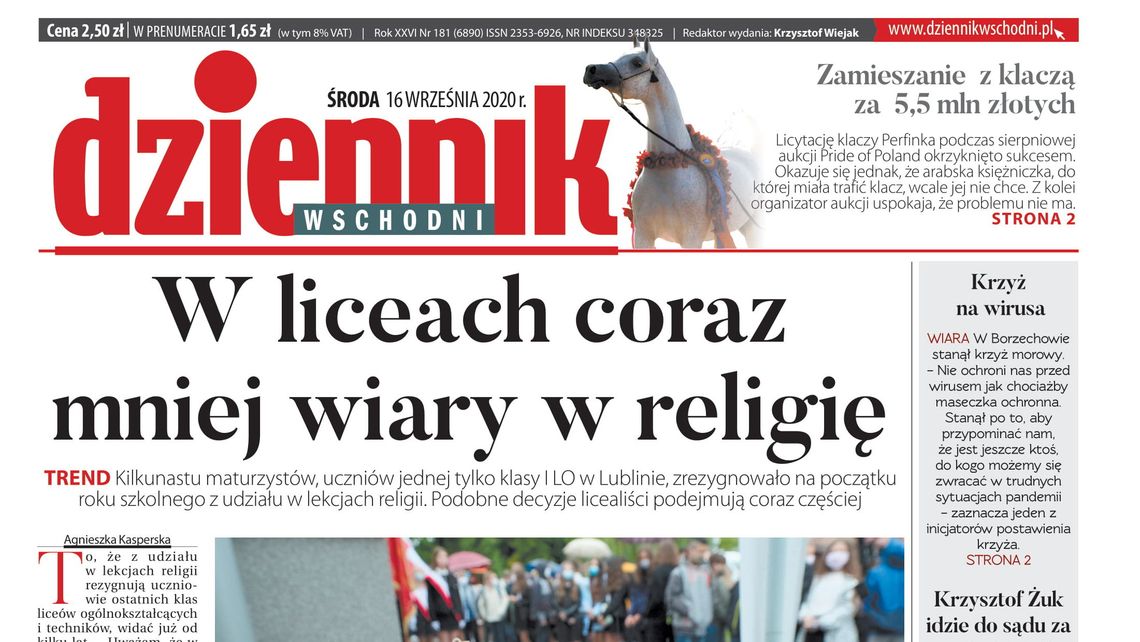 Pierwsza strona Dziennika Wschodniego z 16 września 2020 roku