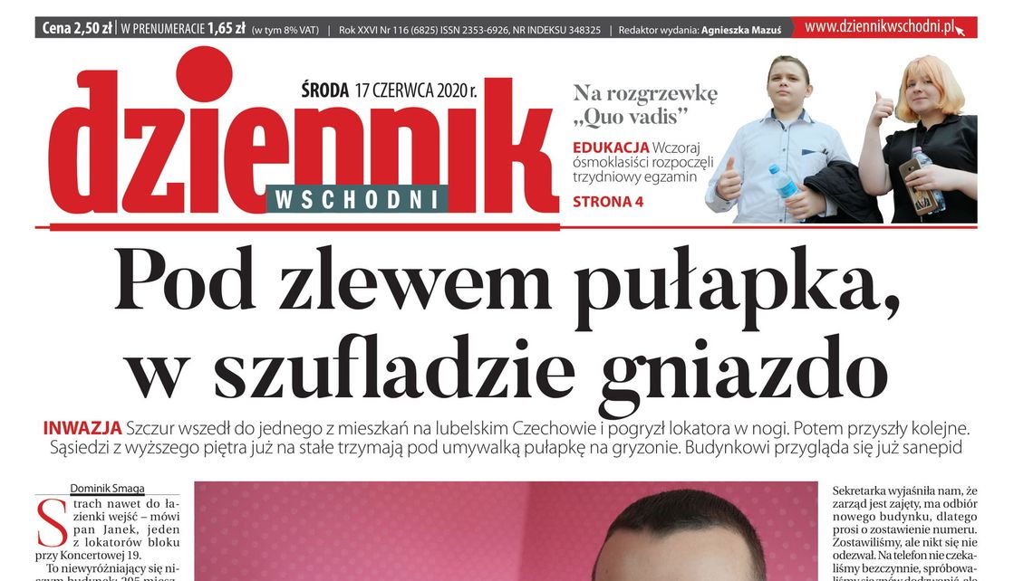 Pierwsza strona Dziennika Wschodniego z 17 czerwca 2020 r.