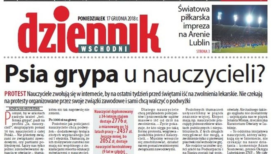 Pierwsza strona Dziennika Wschodniego z 17 grudnia 2018 roku