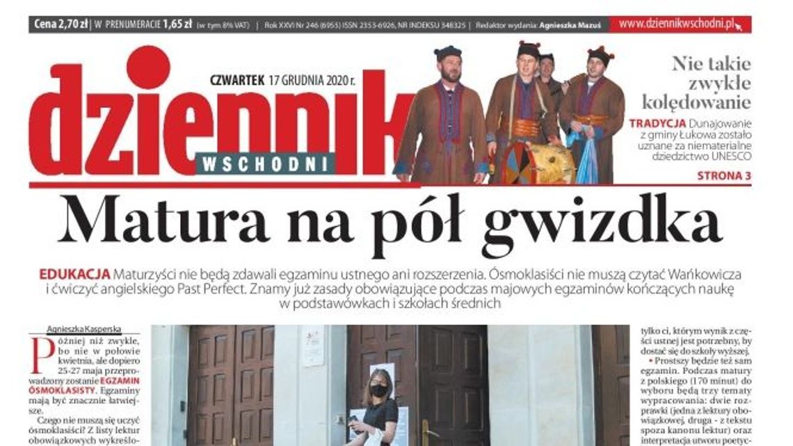 Pierwsza strona Dziennika Wschodniego z 17 grudnia 2020 r.