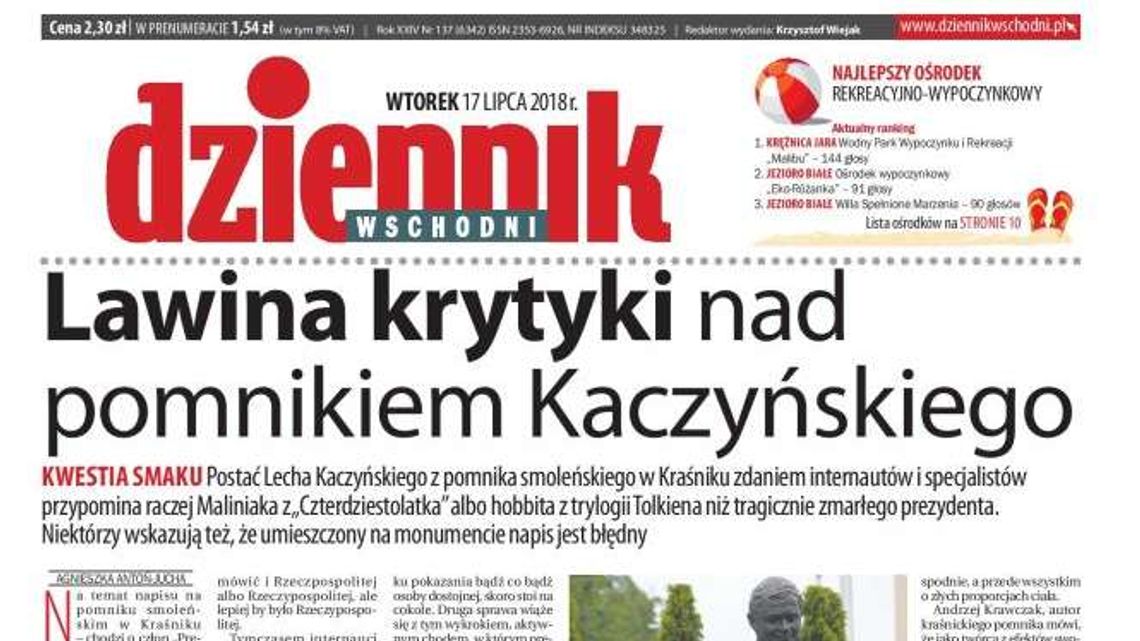 Pierwsza strona Dziennika Wschodniego z 17 lipca 2018