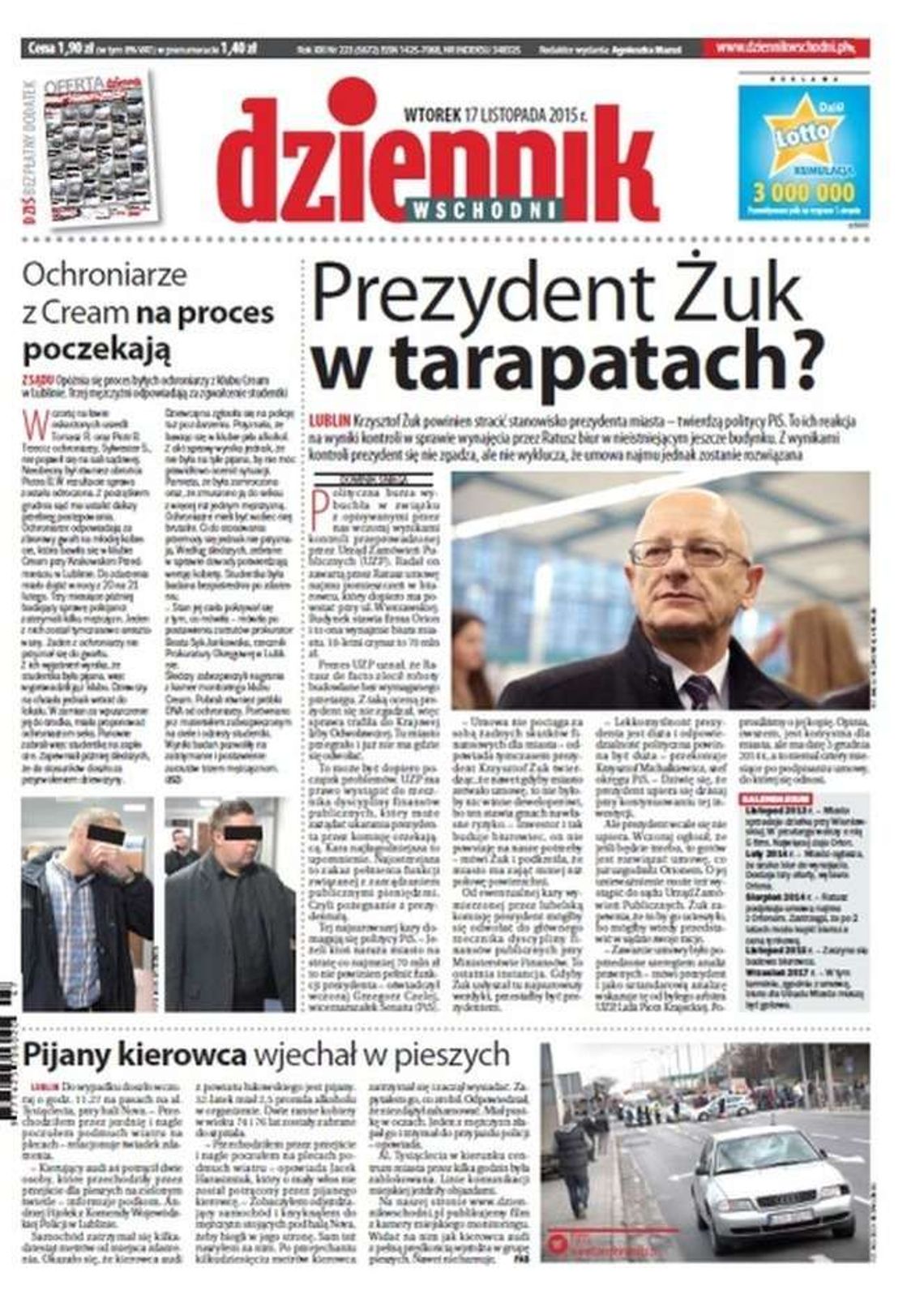 Pierwsza strona Dziennika Wschodniego z 17 listopada 2015 roku