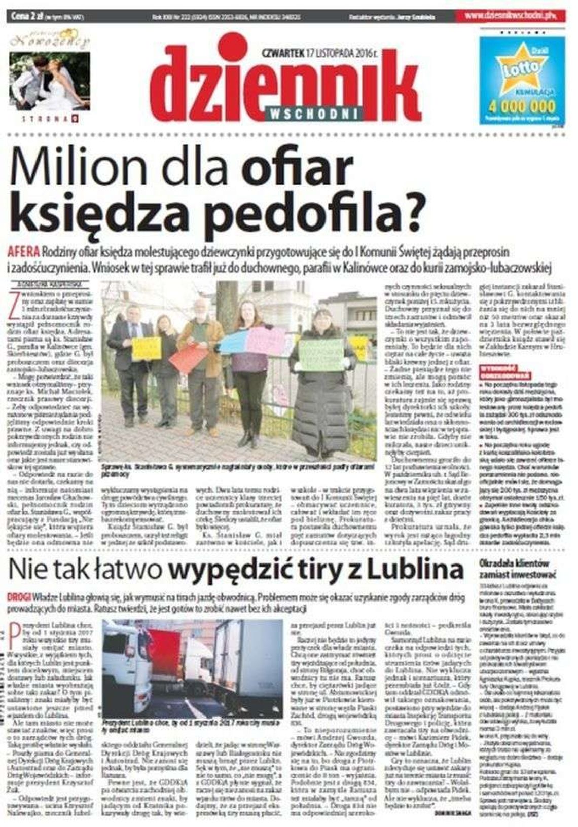 Pierwsza strona Dziennika Wschodniego z 17 listopada 2016 roku