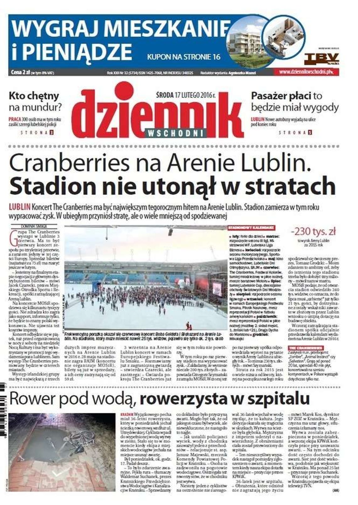 Pierwsza strona Dziennika Wschodniego z 17 lutego 2016 roku