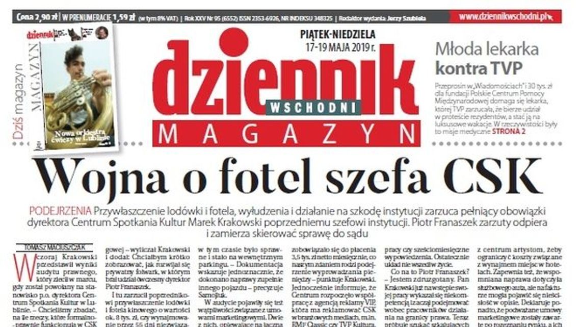 Pierwsza strona Dziennika Wschodniego z 17 maja 2019 roku