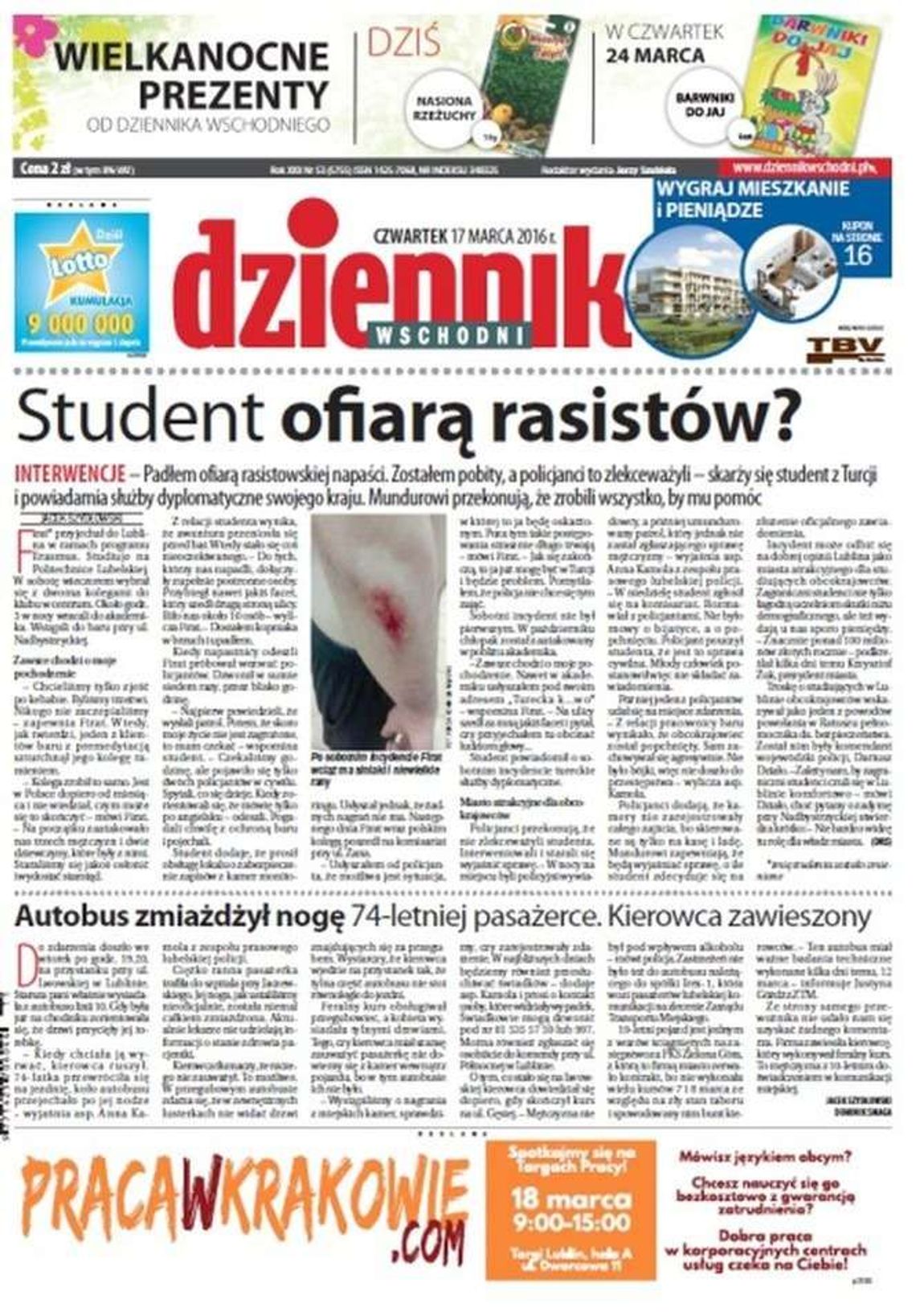 Pierwsza strona Dziennika Wschodniego z 17 marca 2016 roku