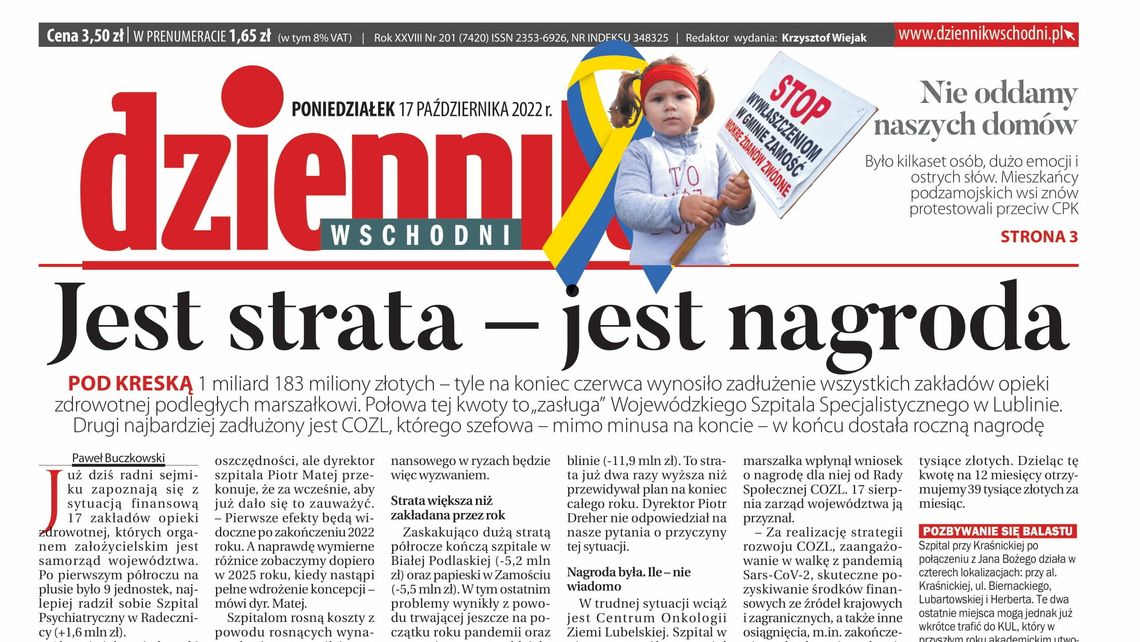  Pierwsza strona Dziennika Wschodniego z 17 października 2022 r. 