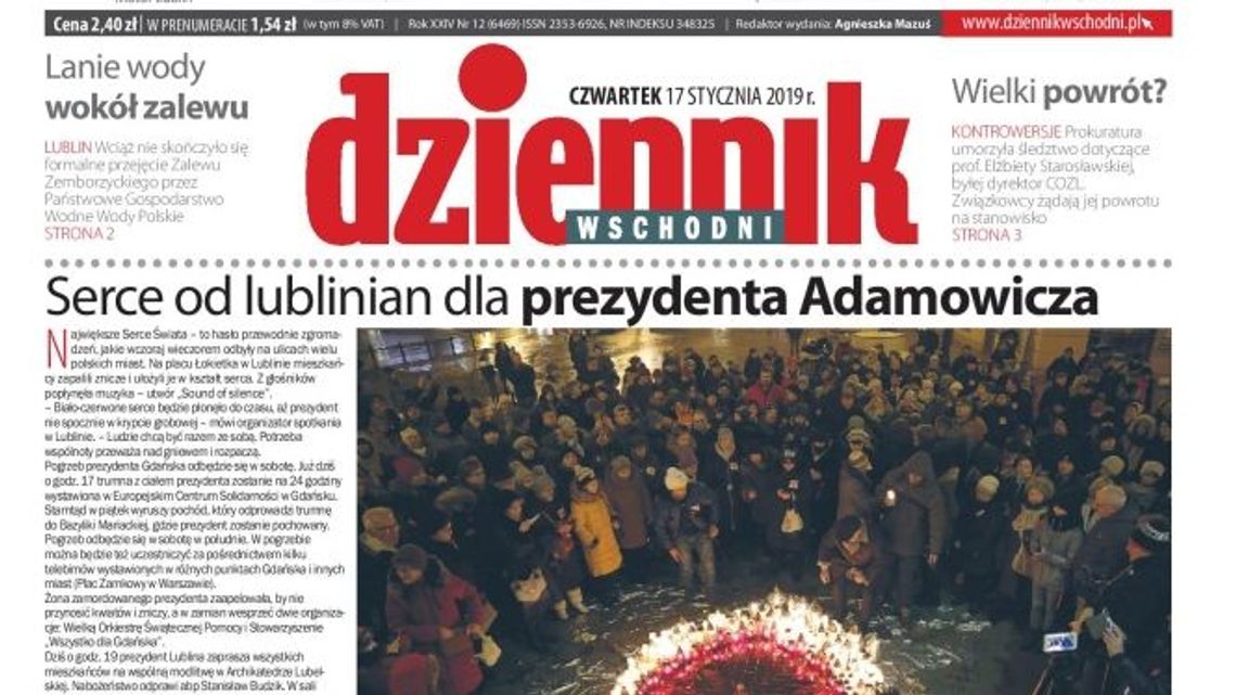 Pierwsza strona Dziennika Wschodniego z 17 stycznia 2019 r.