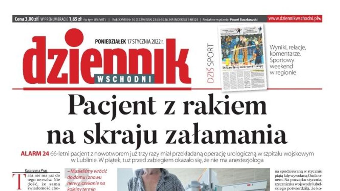 Pierwsza strona Dziennika Wschodniego z 17 stycznia 2022 r.