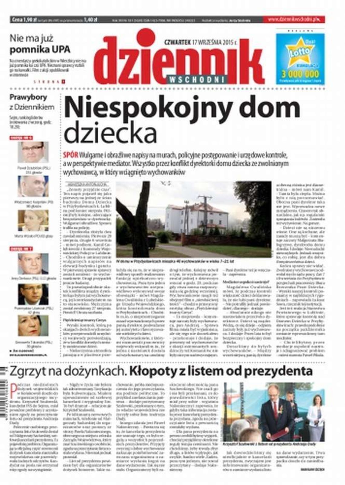 Pierwsza strona Dziennika Wschodniego z 17 września 2015