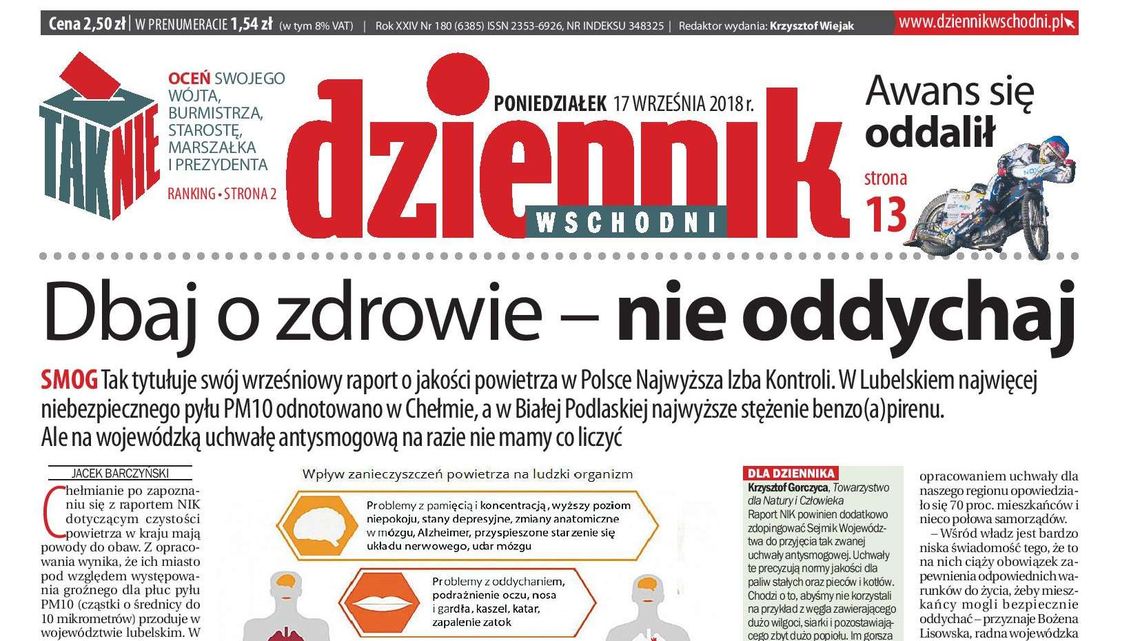 Pierwsza strona Dziennika Wschodniego z 17 września 2018 r.