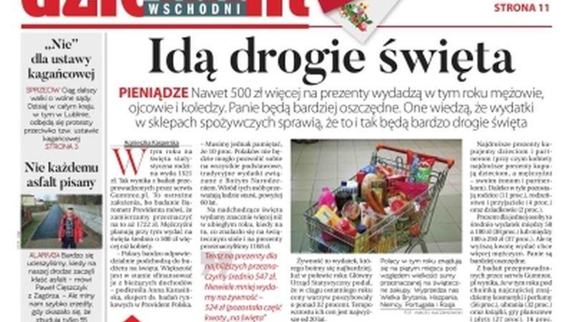 Pierwsza strona Dziennika Wschodniego z 18.12.2019