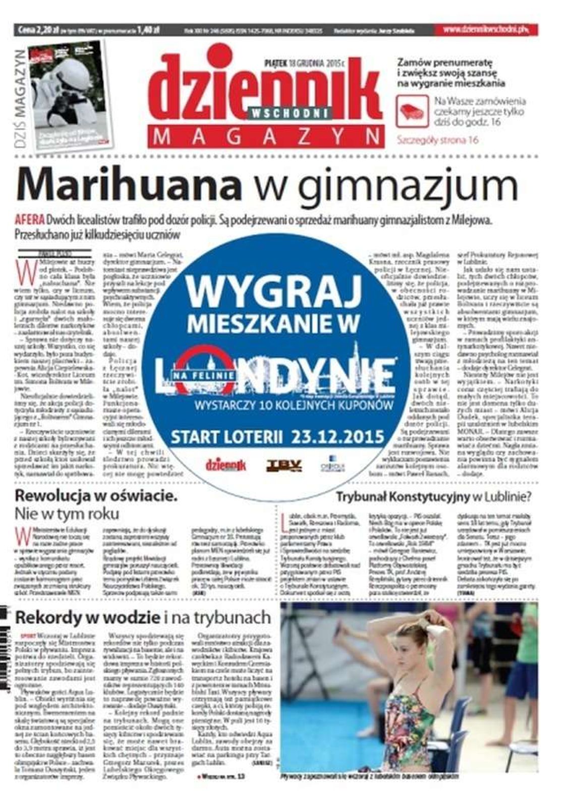 Pierwsza strona Dziennika Wschodniego z 18 grudnia 2015 roku