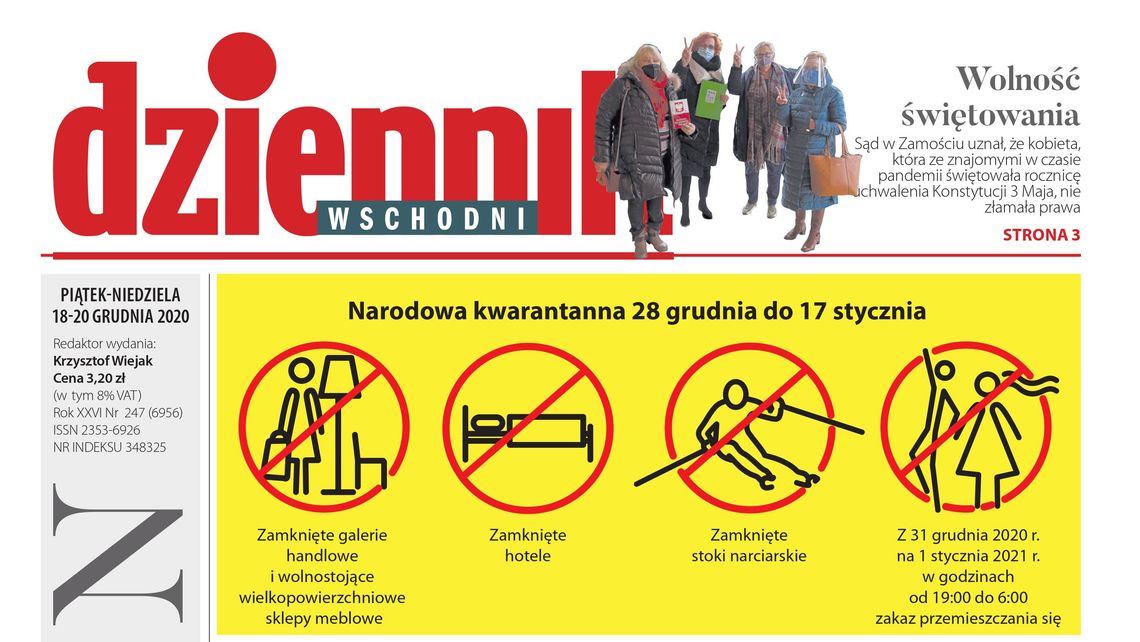 Pierwsza strona Dziennika Wschodniego z 18 grudnia 2020 r. 