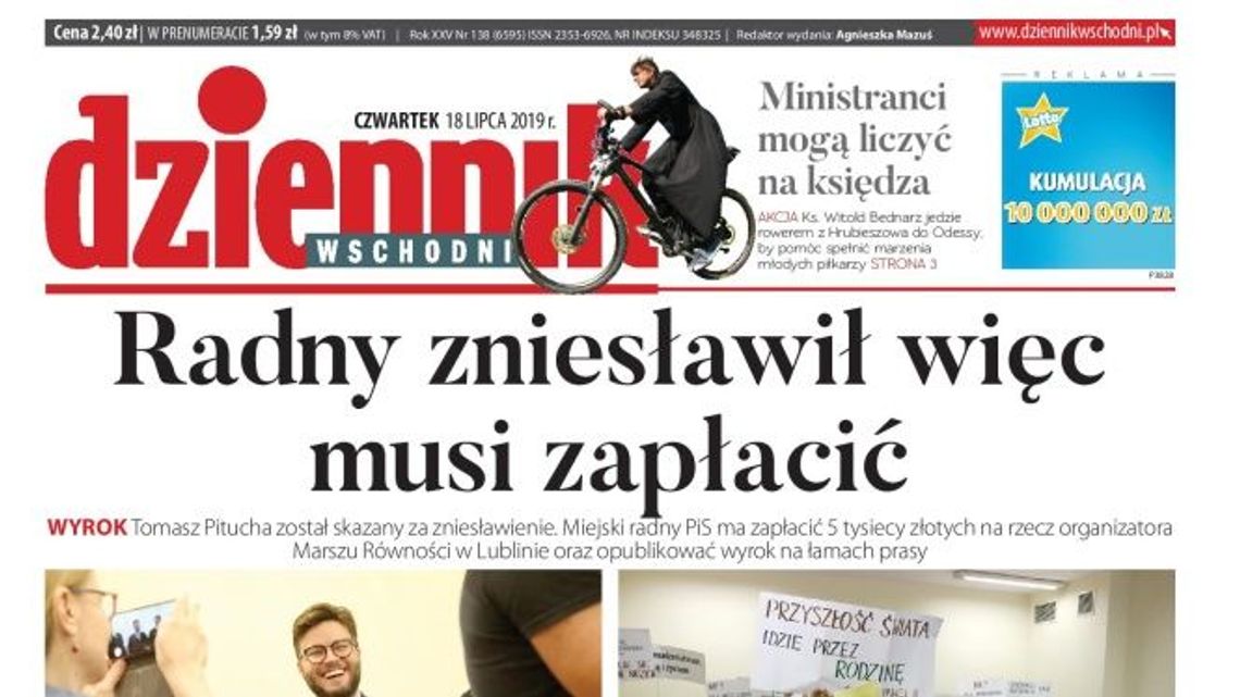 Pierwsza strona Dziennika Wschodniego z 18 lipca 2019 r.