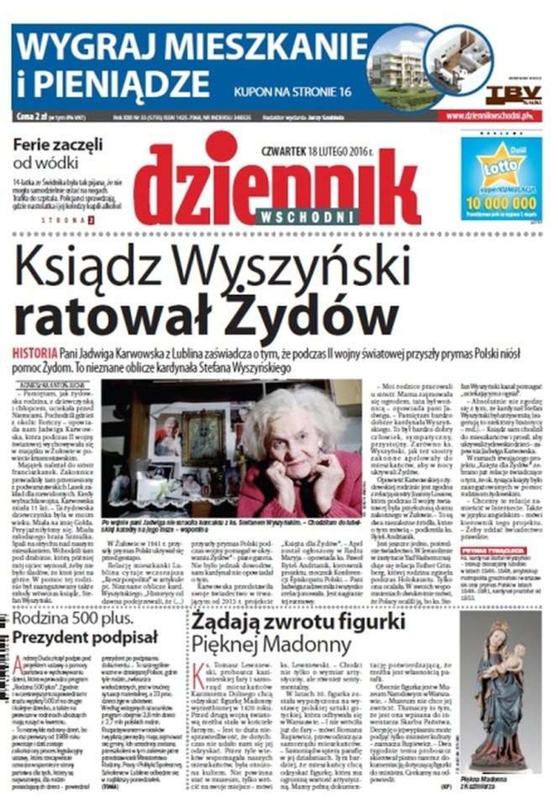 Pierwsza strona Dziennika Wschodniego z 18 lutego 2016 roku