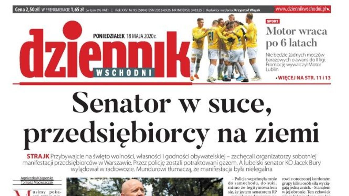 Pierwsza strona Dziennika Wschodniego z 18 maja 2020 r.