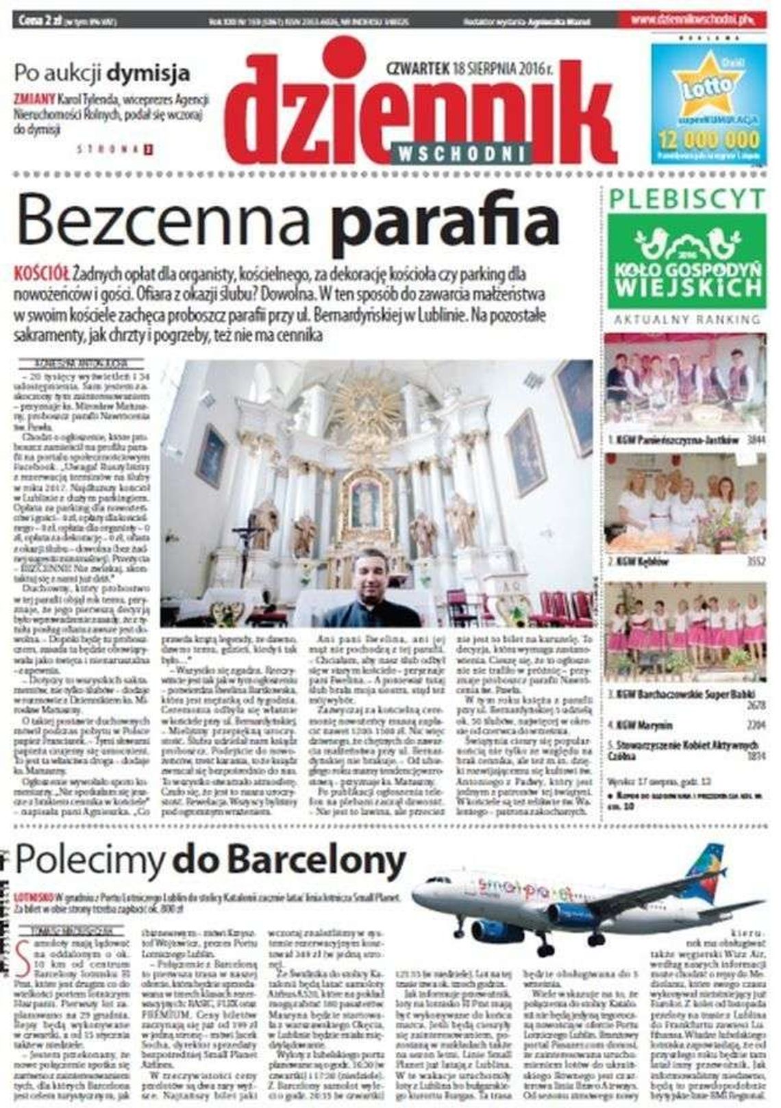 Pierwsza strona Dziennika Wschodniego z 18 sierpnia 2016 roku