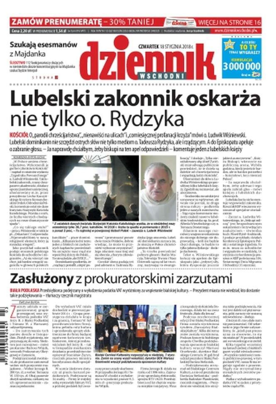 Pierwsza strona Dziennika Wschodniego z 18 stycznia 2018 r.