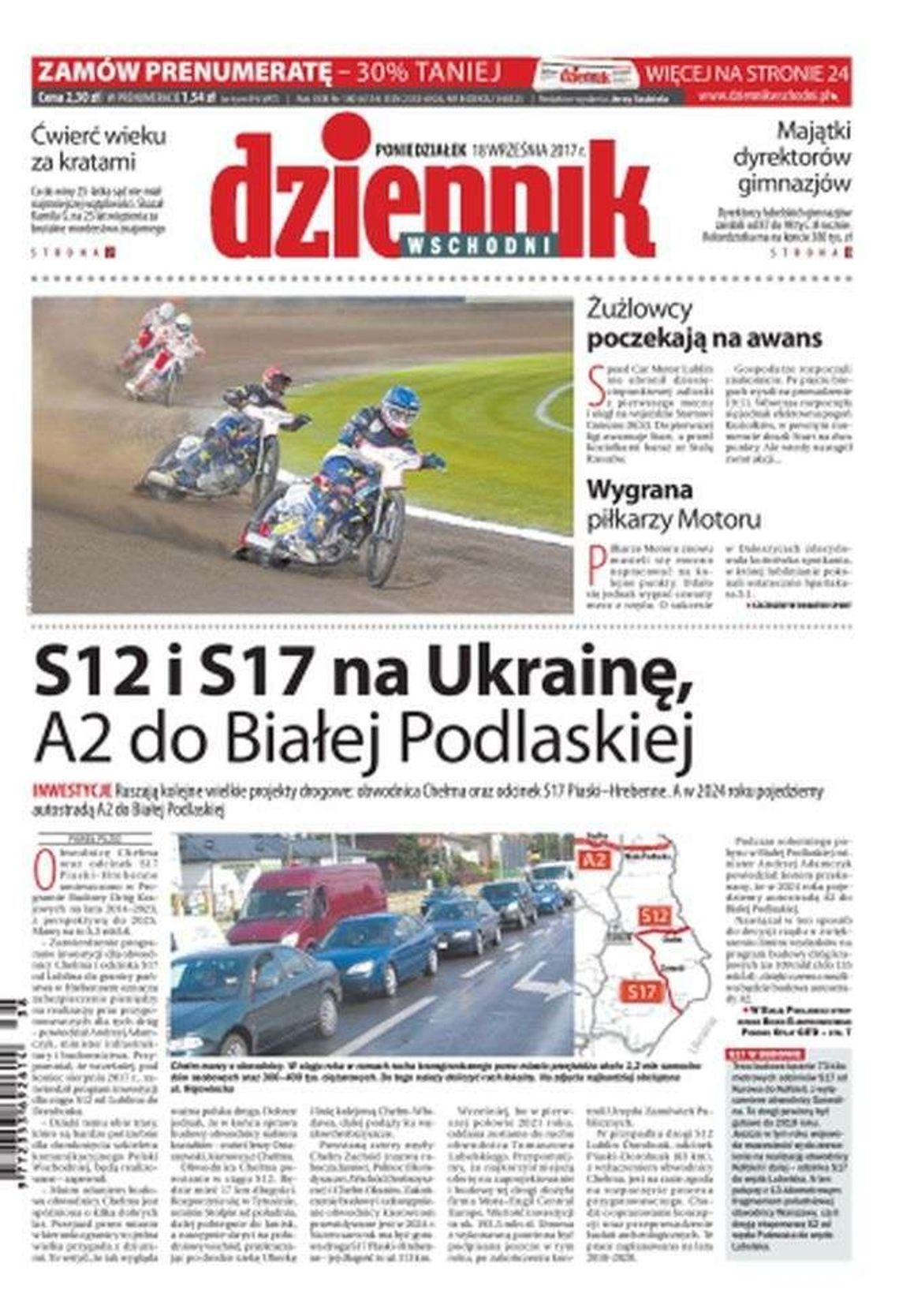 Pierwsza strona Dziennika Wschodniego z 18 września 2017 r.