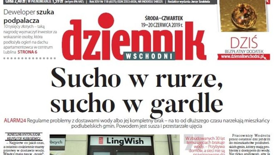 Pierwsza strona Dziennika Wschodniego z 19.06.2019