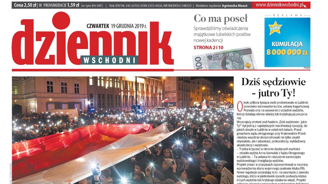 Pierwsza strona Dziennika Wschodniego z 19.12.19