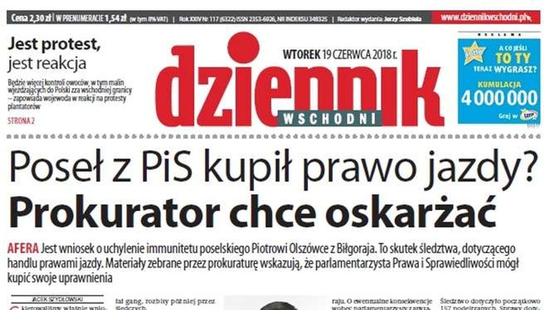 Pierwsza strona Dziennika Wschodniego z 19 czerwca 2018 roku